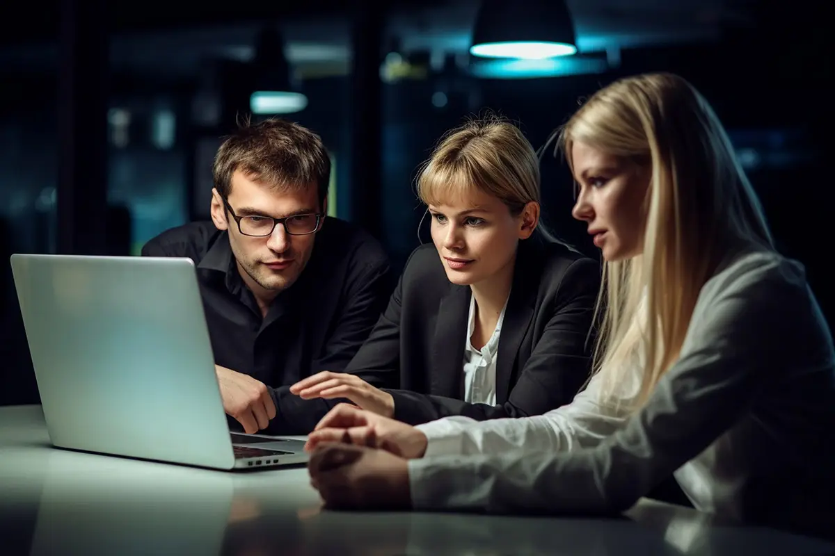 Team collaborating on laptop for branding and identity solutions by Quantum Shield IT.