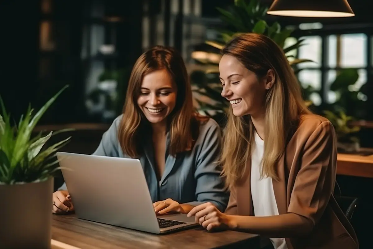 Two women collaborating on laptop showcasing digital marketing strategy and branding solutions.