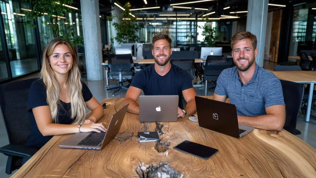 Quantum Shield IT team collaborating on laptops in modern office space.