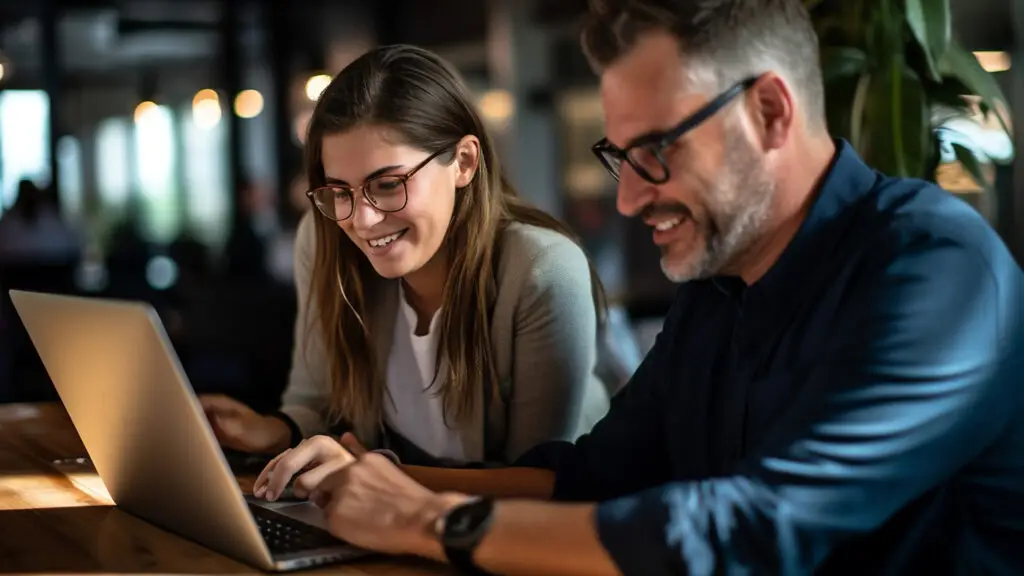 Business professionals collaborating on laptop illustrating IT services and marketing insights.