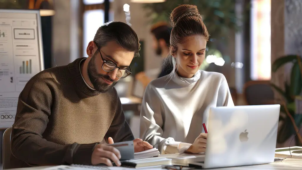 Business professionals collaborating on laptop illustrating digital marketing and IT solutions.