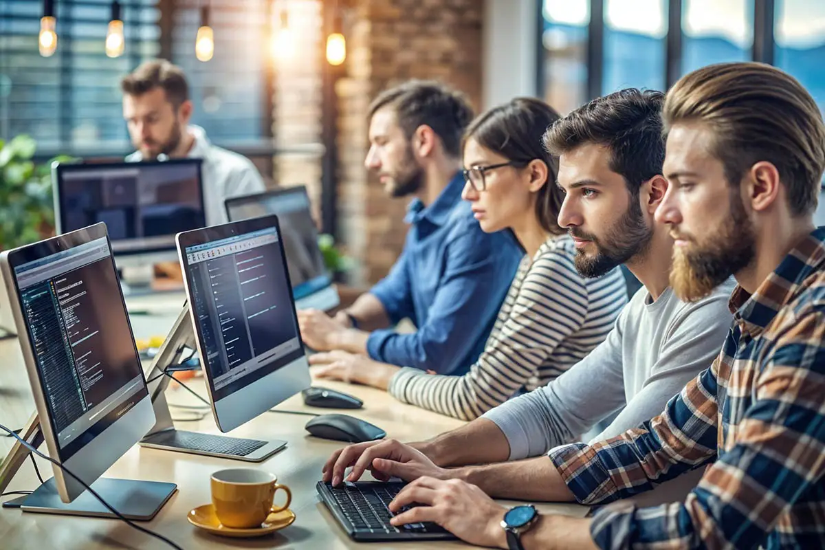 IT team working on computers and code, delivering successful projects for Quantum Shield IT.