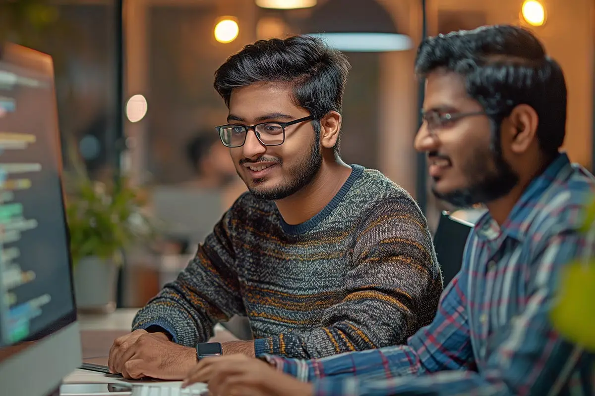 IT professionals collaborating on software development project.