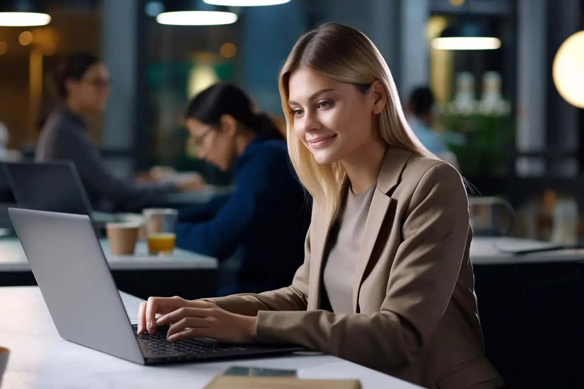 Woman working on laptop illustrating social media project solutions by Quantum Shield IT