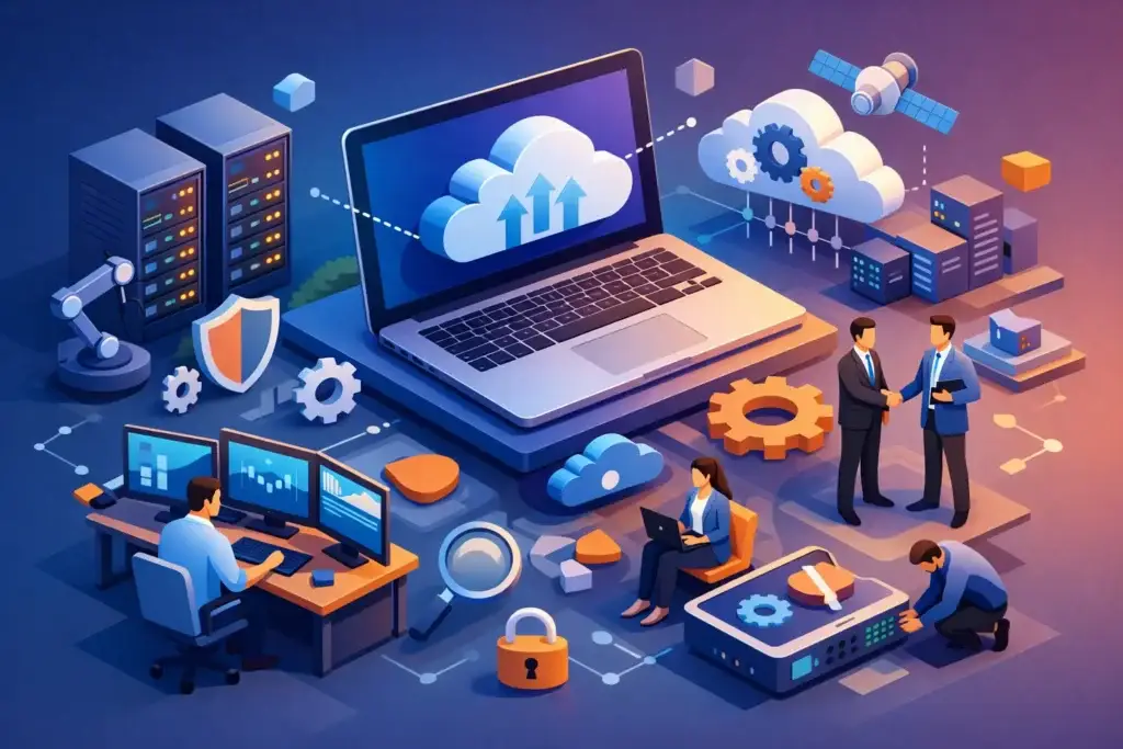 Managed IT services model with cloud computing, cybersecurity, and network infrastructure solutions.