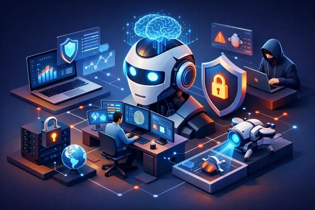 AI-powered cybersecurity operations and threat detection with robot and data analysis.