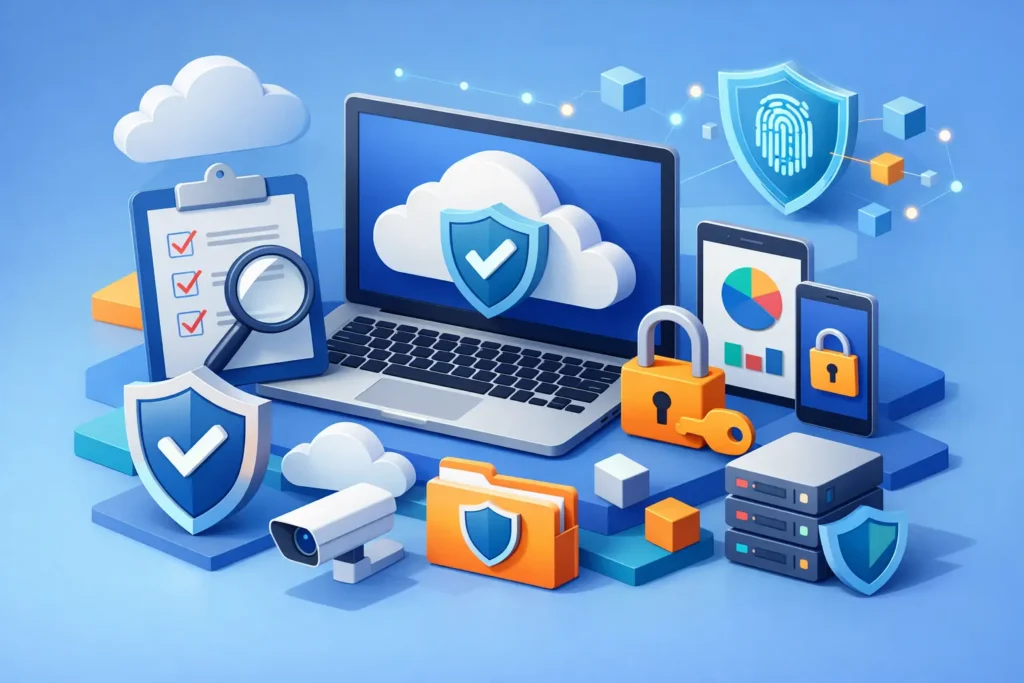 Microsoft 365 security checklist for SMBs and cybersecurity protection icons