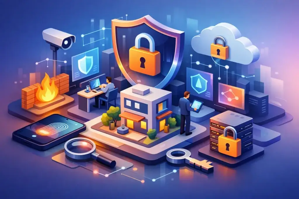 Small business cybersecurity guide with network infrastructure, data protection, and security solutions.