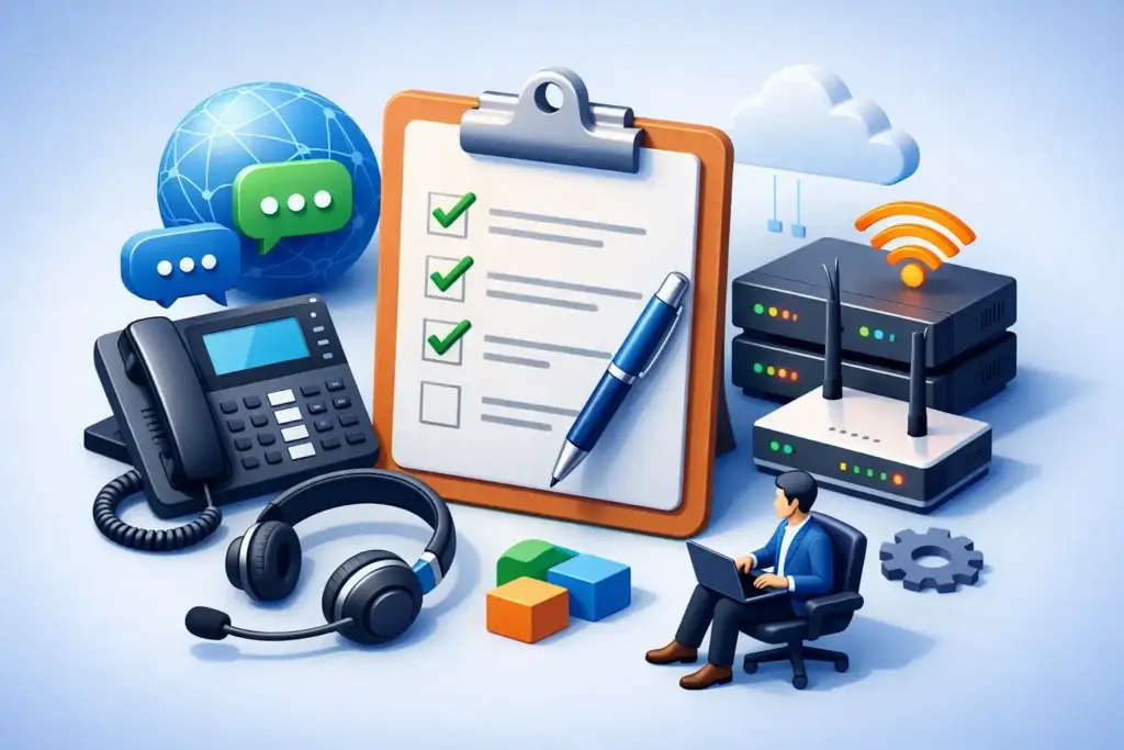 Business VoIP deployment checklist with network equipment and communication tools